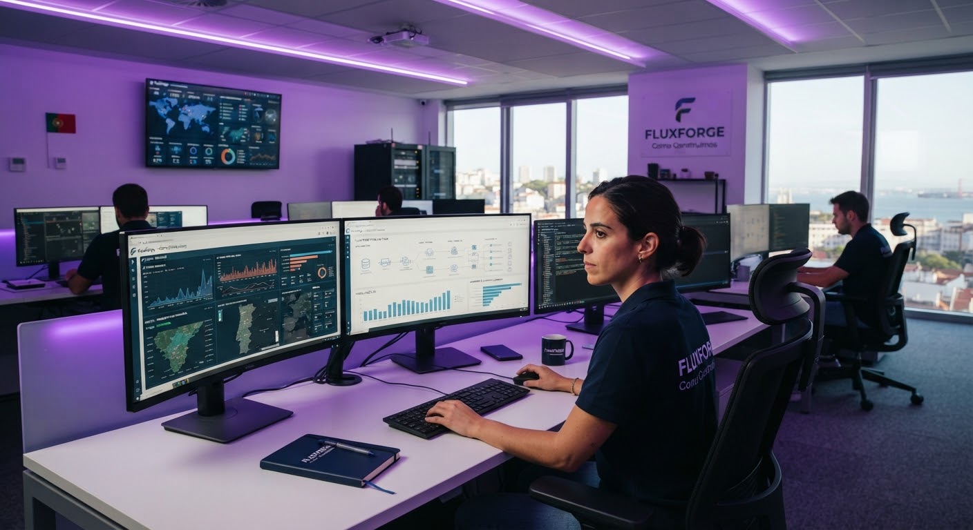 Sala de controlo técnica com estações de trabalho e monitores a exibir telemetria de uma pipeline de AI