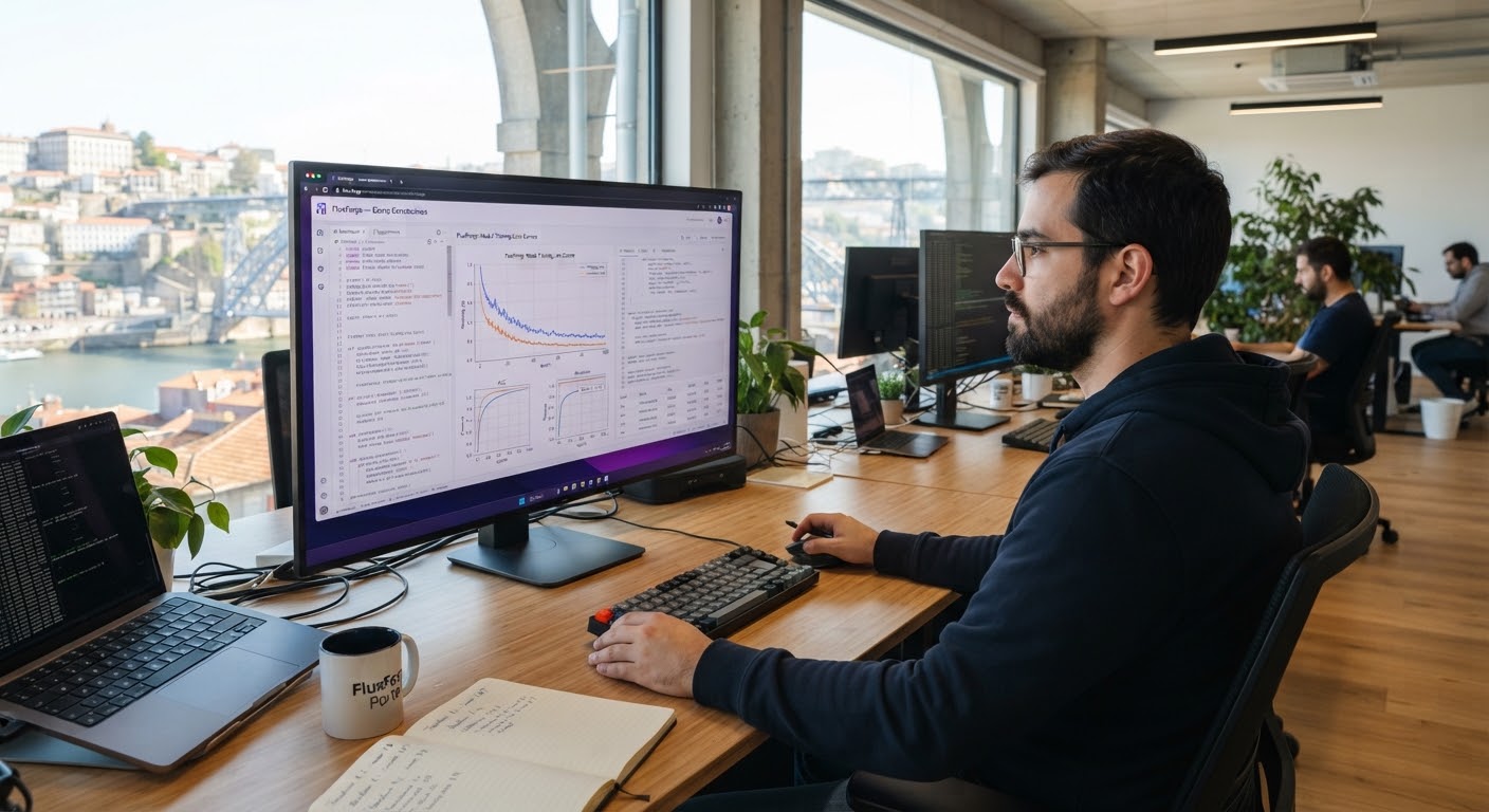 Engenheiro de software a analisar curvas de perda de um modelo de AI num ecrã de alta resolução