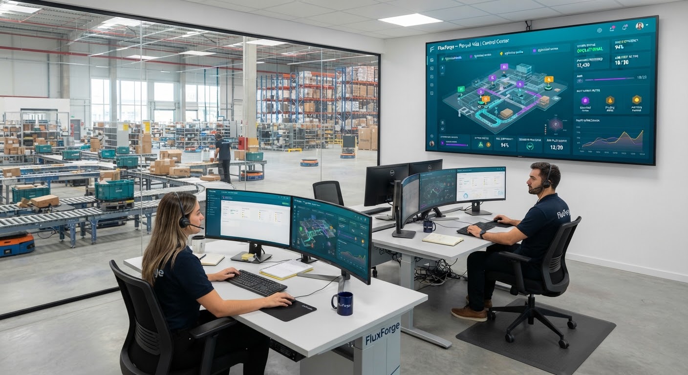 Linha de montagem industrial moderna com robótica de precisão e supervisão de software