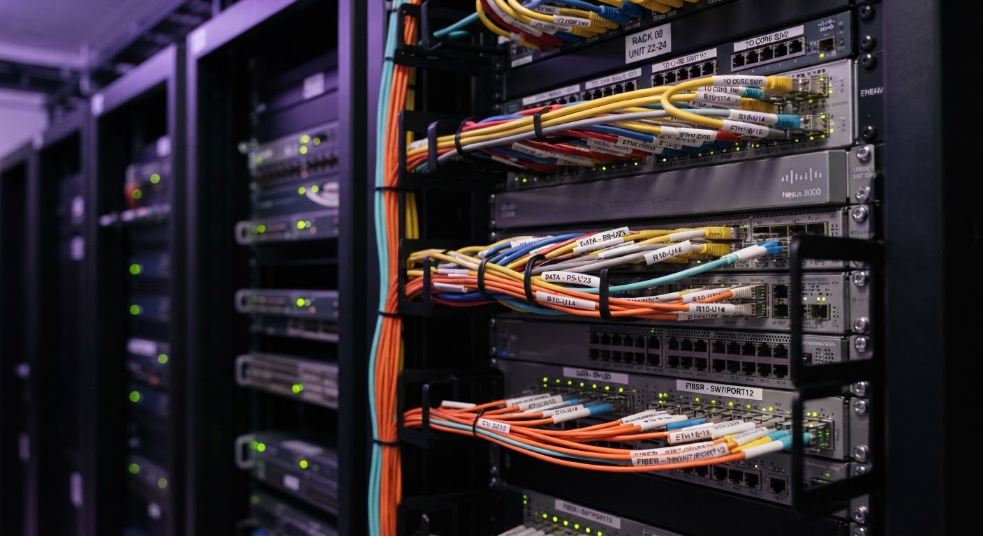 Bastidores de servidores empresariais com cablagem de fibra ótica organizada